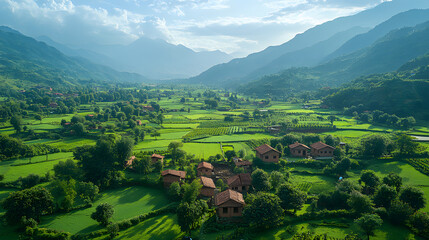 Fototapeta premium An incredible aerial view of a rural village nestled in a valley, surrounded by towering hills and fields in various stages of cultivation.