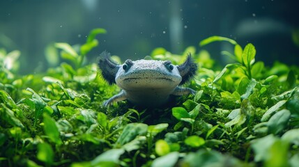 Close up of an axolotl swimming in a planted aquarium