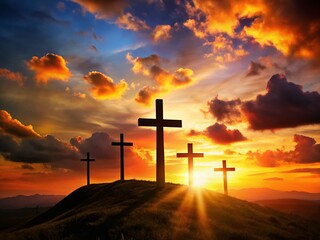 Sunset Silhouette: Christian Crosses on Hilltop, Peaceful Crucifixion Remembrance