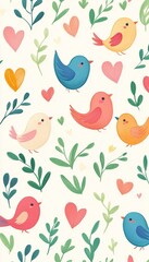 Whimsical Bird Pattern, Cheerful Spring Design, Seamless Floral Background With Colorful Birds