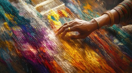 Indian artisan weaving colorful fabric on traditional handloom