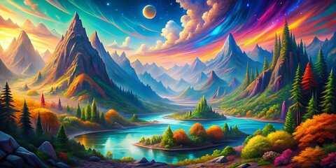 Surreal Abstract Landscape: Mountains, Forest, Ocean Dreamscape - High Depth of Field Stock Photo