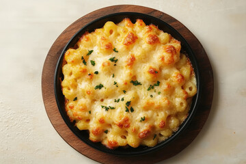 Golden brown baked mac and cheese, with crusty topping and herbs garnish.
