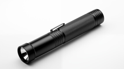 Sleek Black Metal Flashlight on White Background