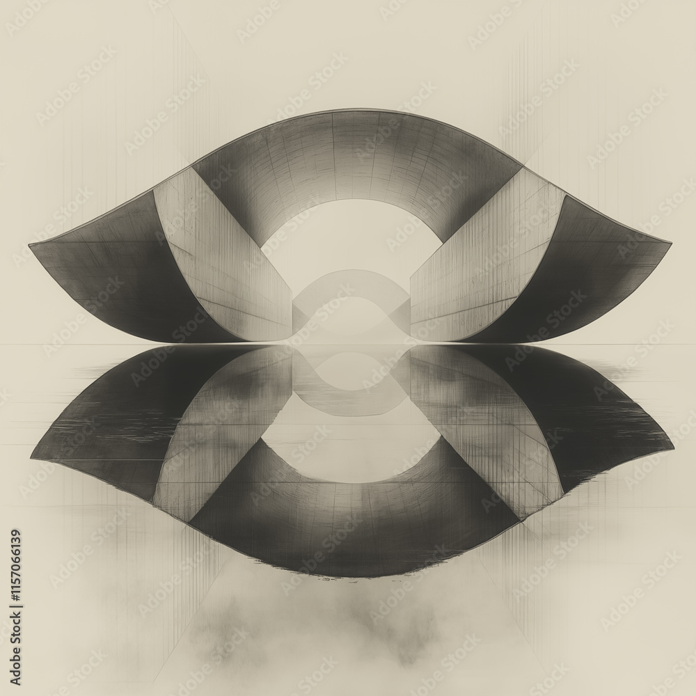 Poster the image is a reflection of a bridge in a body of water. the bridge is curved and he is a part of a