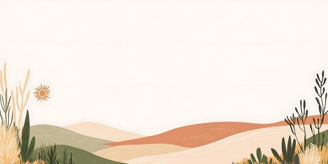 Obraz premium Minimalist landscape illustration with sun, plants, and rolling hills in earthy tones.
