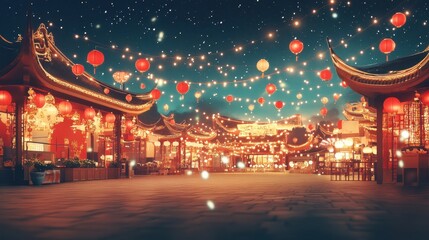 Festive Night Scene with Lanterns and Decorations in Asian Market