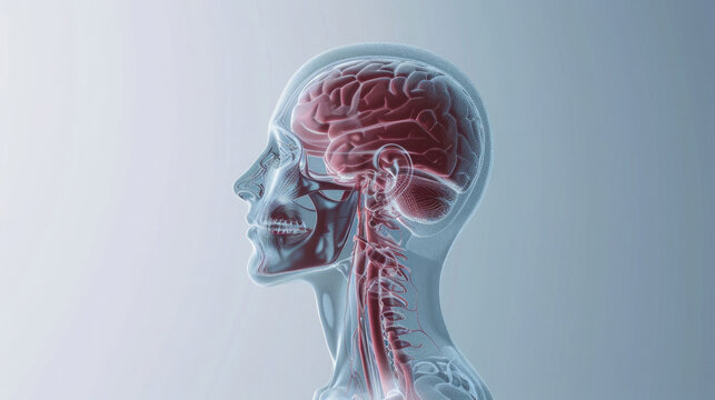 Detailed anatomical illustration revealing brain structure and neck anatomy with emphasis on internal features and connectivity