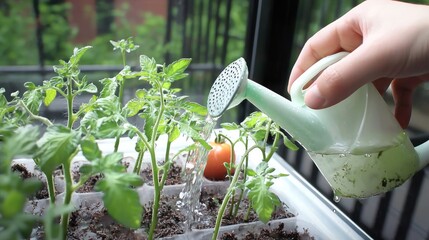 A hand watering tomato plants in a small garden setting.