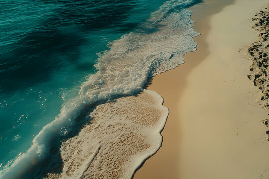 Serene ocean waves gently lapping on a pristine sandy beach, creating a tranquil coastal scene.
