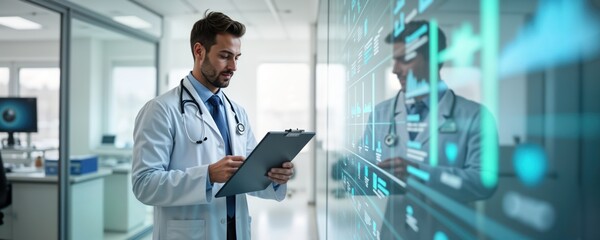 Doctor reviews patient records. Modern tech used to access data. Medical pro examining health info on interactive digital screen. Electronic medical records management system. Digital health