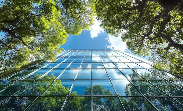 Modern Glass Office Building with Surrounding Trees – Eco-Friendly and CO2 Reduction Sustainability Concept