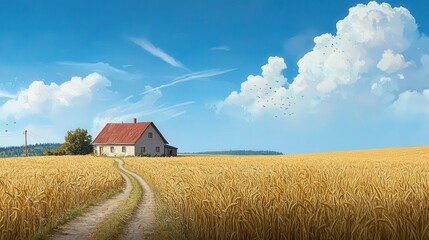 A peaceful countryside scene with a farmhouse and a field of wheat