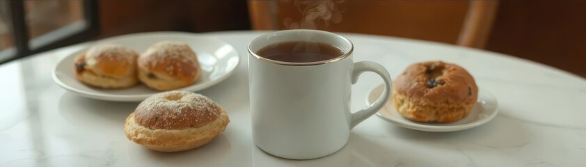 Steaming mug of breakfast tea, beside a plate of pastries on a cafe table, pastries,wooden table,tea