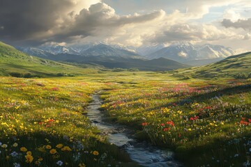Aerial View of Colorful Alpine Meadow with Stream