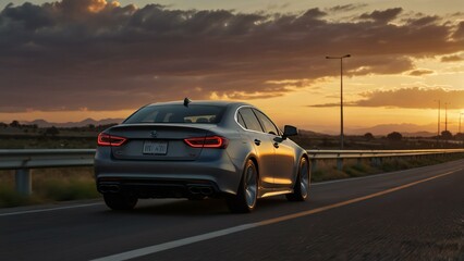 car on the road at sunset