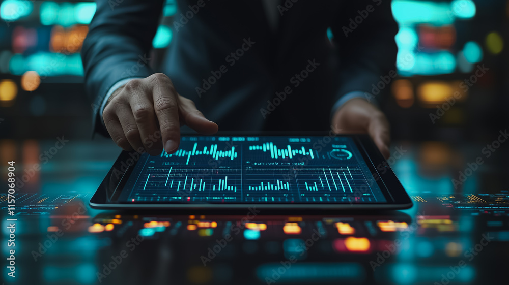 Poster a man is pointing at a tablet displaying a graph