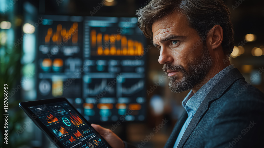 Poster a man is holding a tablet in front of a monitor displaying graphs