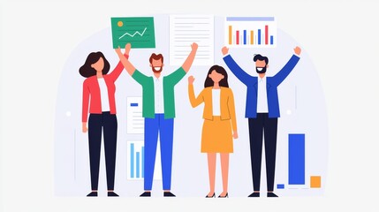 A group of four diverse people celebrating success with graphs and documents, showcasing teamwork and positive results in a professional setting.