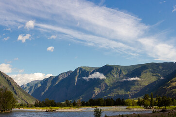 Breathtaking view of Chulyshman Valley and river in Altai, Russia. Lush green meadows stretch towards towering sunlit mountains under blue sky. Serene natural retreat ideal for outdoor adventures