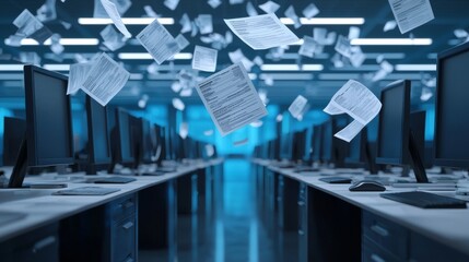 Obraz premium A dynamic office scene with floating papers amidst rows of computers, illustrating a modern workspace and the chaos of digital documentation.