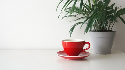 Red Ceramic Cup and Saucer on Table with Green Plant Background