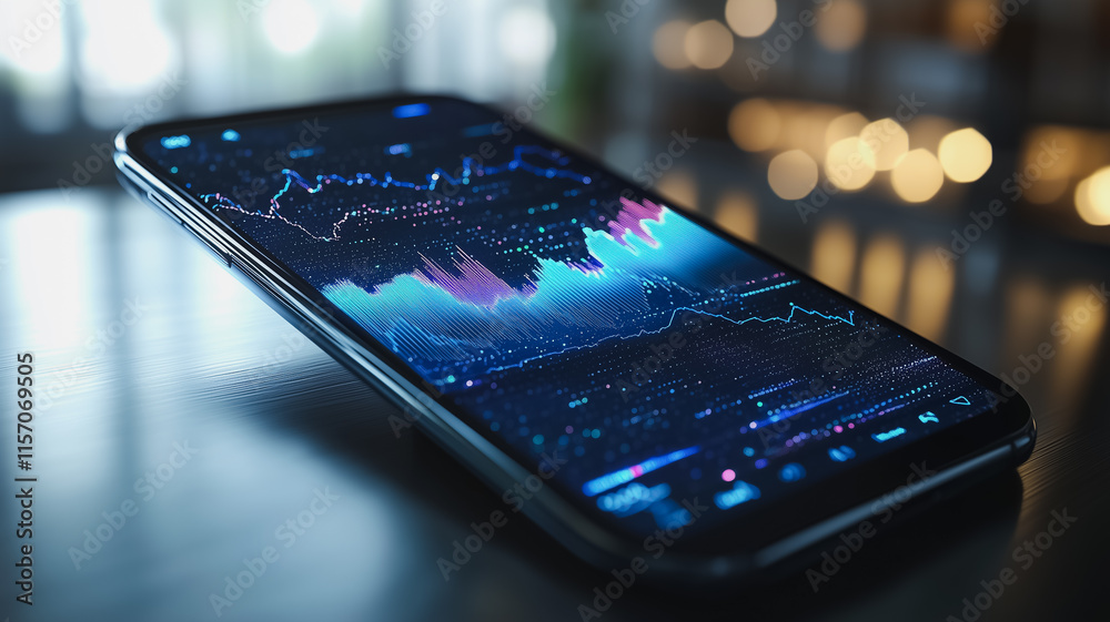 Wall mural a cell phone displaying a graph of stock market data
