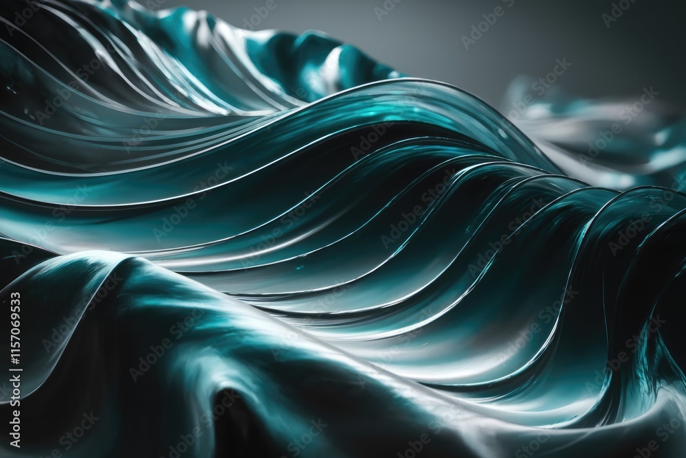 Poster abstract teal waves, flowing like liquid glass, creating a mesmerizing and elegant design.