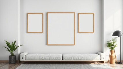 Naklejka premium Modern minimalist living room interior design with three blank frames above a white sofa and potted plants