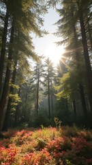 Obraz premium Sun-drenched forest panorama, majestic trees, vibrant foliage, untamed,scenic view,peaceful
