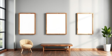 Modern minimalist interior design featuring three empty wooden frames, a low bench, and a comfortable armchair