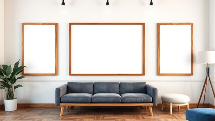 Modern living room interior with three empty wooden frames above a sofa and floor lamp