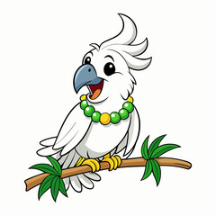 A lovable cartoon cockatoo wearing a green lei vector art illustration