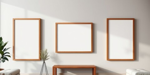Modern minimalist interior with three empty wooden picture frames on a wall above a low wooden bench