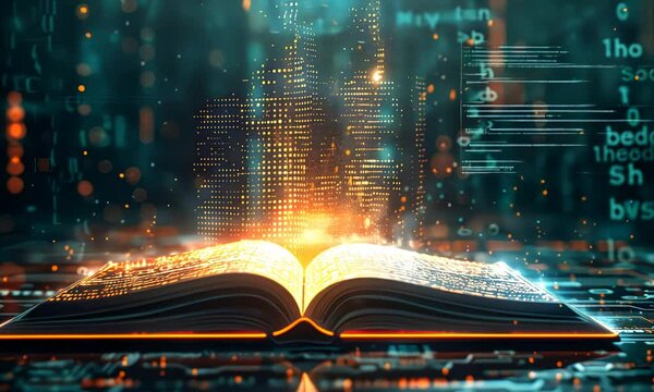 Open book with glowing magical lights and data streams, symbolizing knowledge and technology