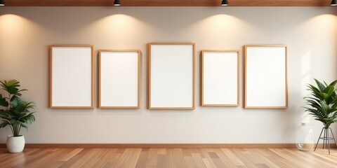 Five empty wooden frames on a beige wall above a hardwood floor with potted plants