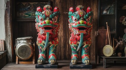 Fototapeta premium Vibrant Chinese Guardian Lions in Traditional Indoor Setting
