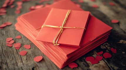 Romantic Red Envelopes Tied with Gold String on Wooden Table