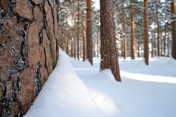 This image captures a picturesque forest scene, where a gentle snowfall enhances the beauty of the pine trees, creating a magical and serene winter landscape.