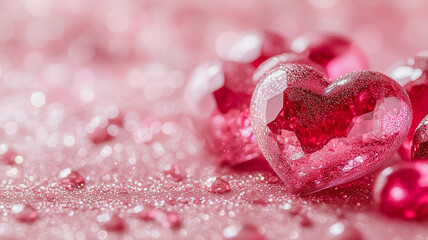 Fototapeta premium Red faceted glass heart on a pink glittery background