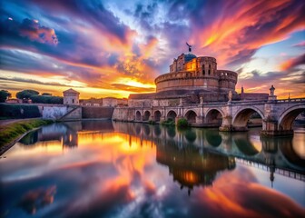 Fototapeta premium Surreal Roman Sunset: Castel Sant'Angelo Dreamscape