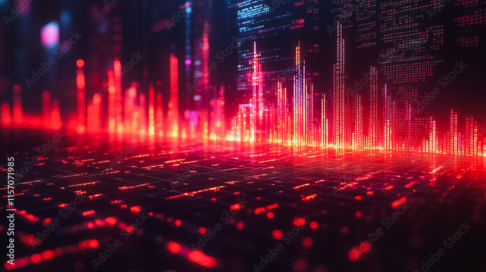 Wall mural a computer generated image of a cityscape with red and purple lines