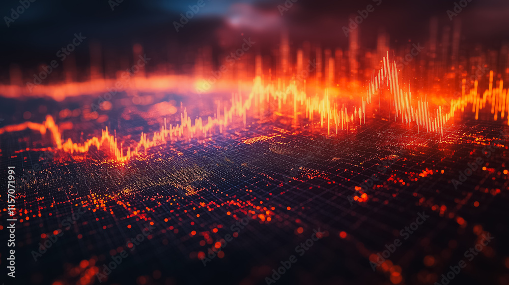 Poster a computer generated image of a city with orange and red lines and dots
