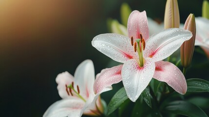 Fototapeta premium Beautiful pink lilies with droplets on petals against a soft background.