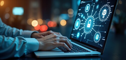 Business person uses laptop. Virtual screen shows innovation tech icons, security concepts. Person types on laptop keyboard. Night scene. Modern tech tools. Secure data. Person focused. Innovation,