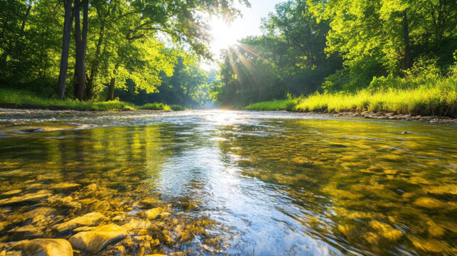 clear river meandering through dense forest, sunlight filtering through trees, creating serene and tranquil atmosphere. water reflects vibrant greenery and stones below - Powered by Adobe