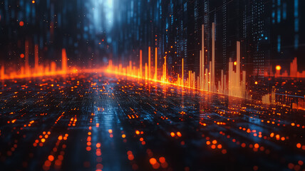 A computer generated image of a cityscape with orange and blue lights. The image has a futuristic and technological feel to it