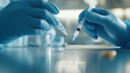 Fototapeta premium Close up of doctor hands preparing syringes with sterile environment, showcasing precision and care in medical procedures. blue gloves emphasize safety and hygiene
