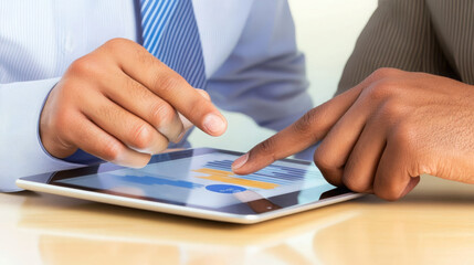 Fototapeta premium Close up of financial advisors hands pointing at tablet displaying charts and data, emphasizing collaboration and analysis in professional setting