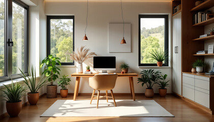 Fototapeta premium Modern home office area with natural light. Empty workspace features wooden desk comfortable chair, plants. Stylish contemporary design. Light filled room with large windows overlooking green plants.